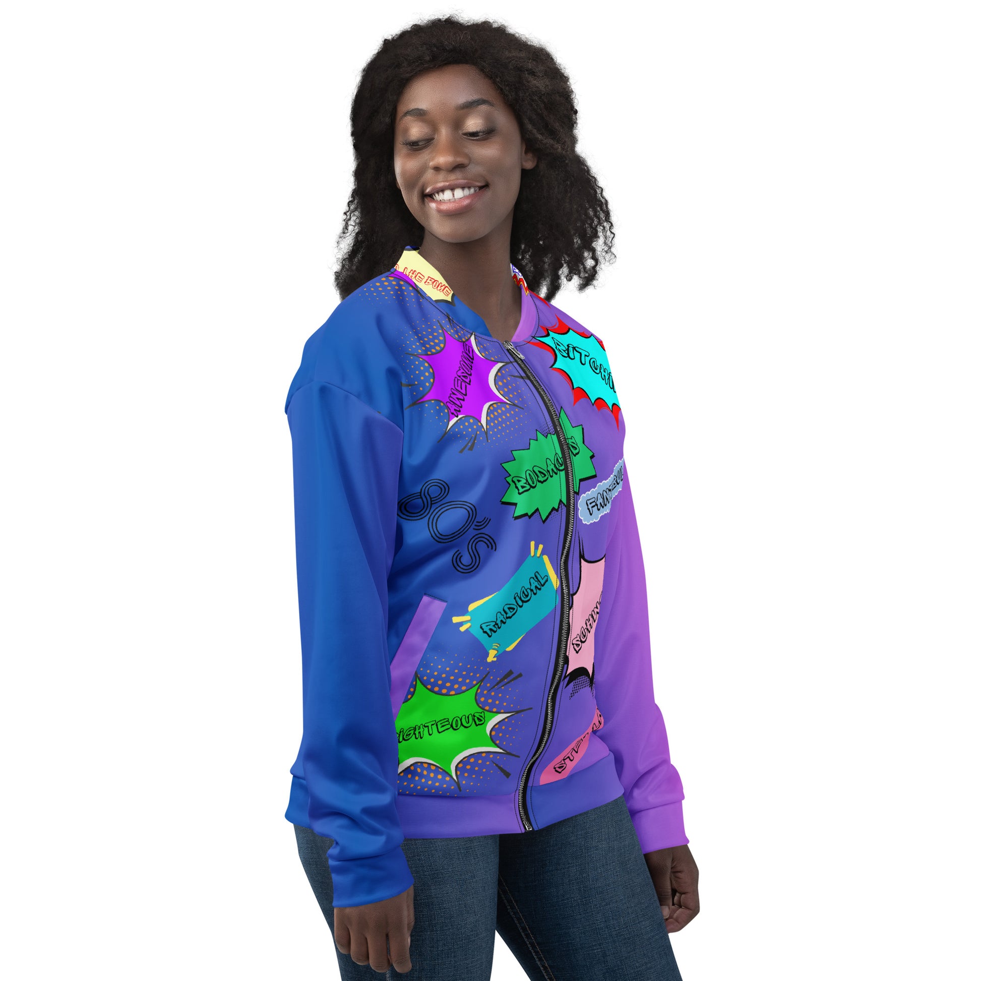 Unisex 80s comic bomber jacket with retro pop art design by Hipyfi Clothes & Design. right-4