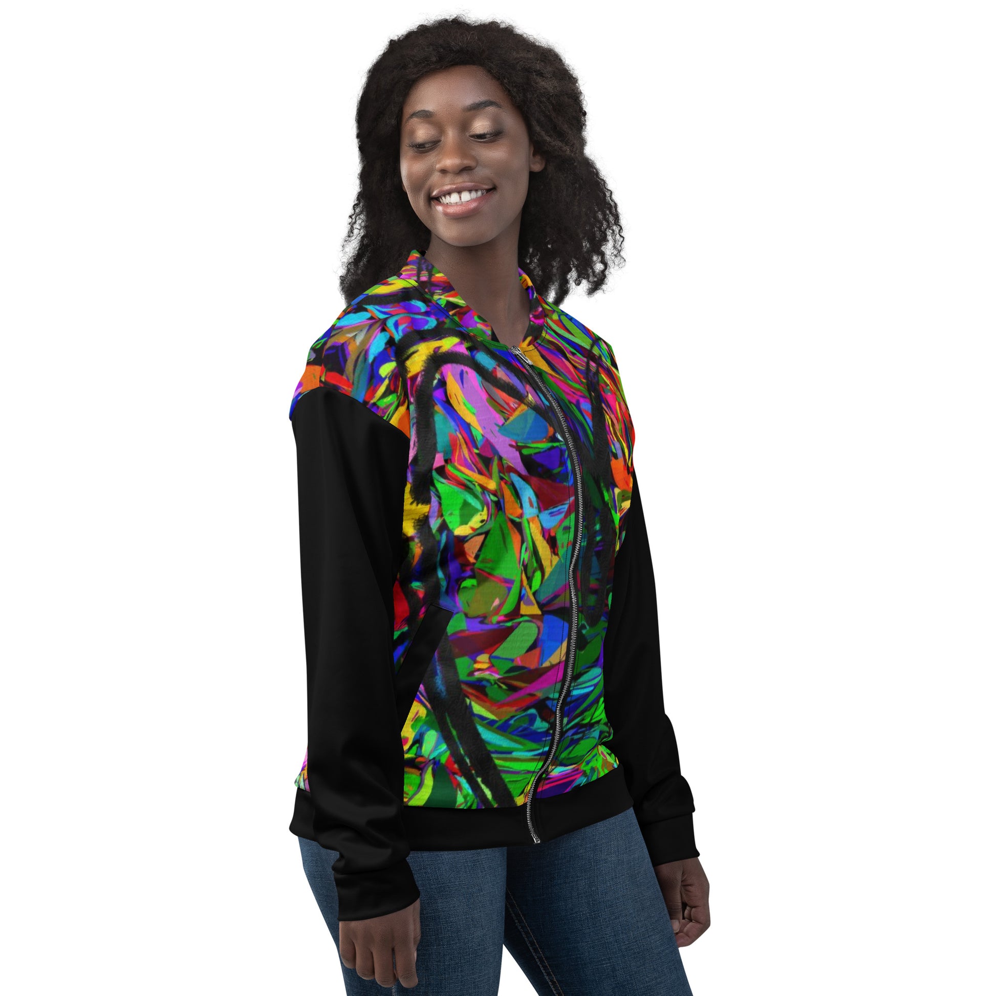 Unisex bomber jacket with vibrant neon abstract print – streetwear by Hipyfi Clothes & Design Right-4