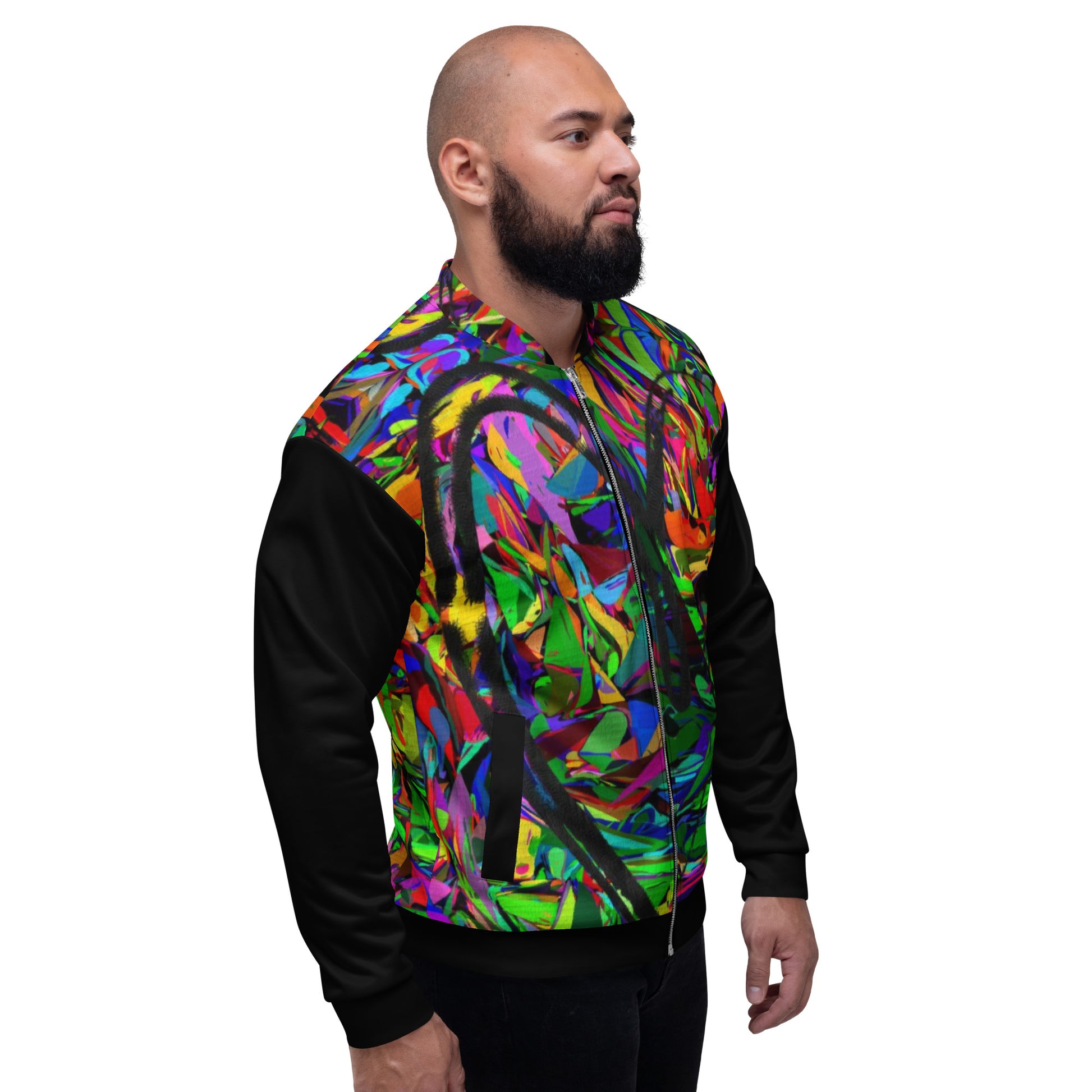 Unisex bomber jacket with vibrant neon abstract print – streetwear by Hipyfi Clothes & Design Right
