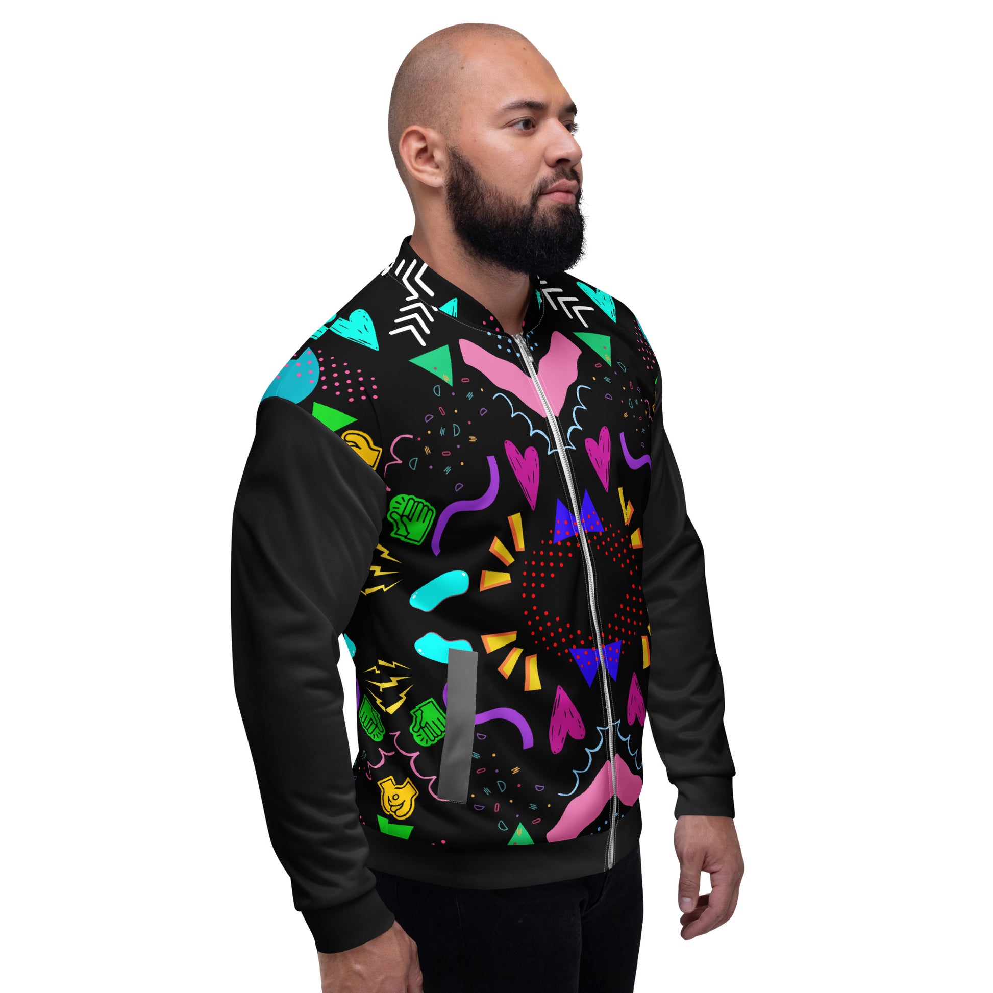 Unisex bomber jacket with retro pop art Memphis design by Hipyfi Clothes & Design. right-2