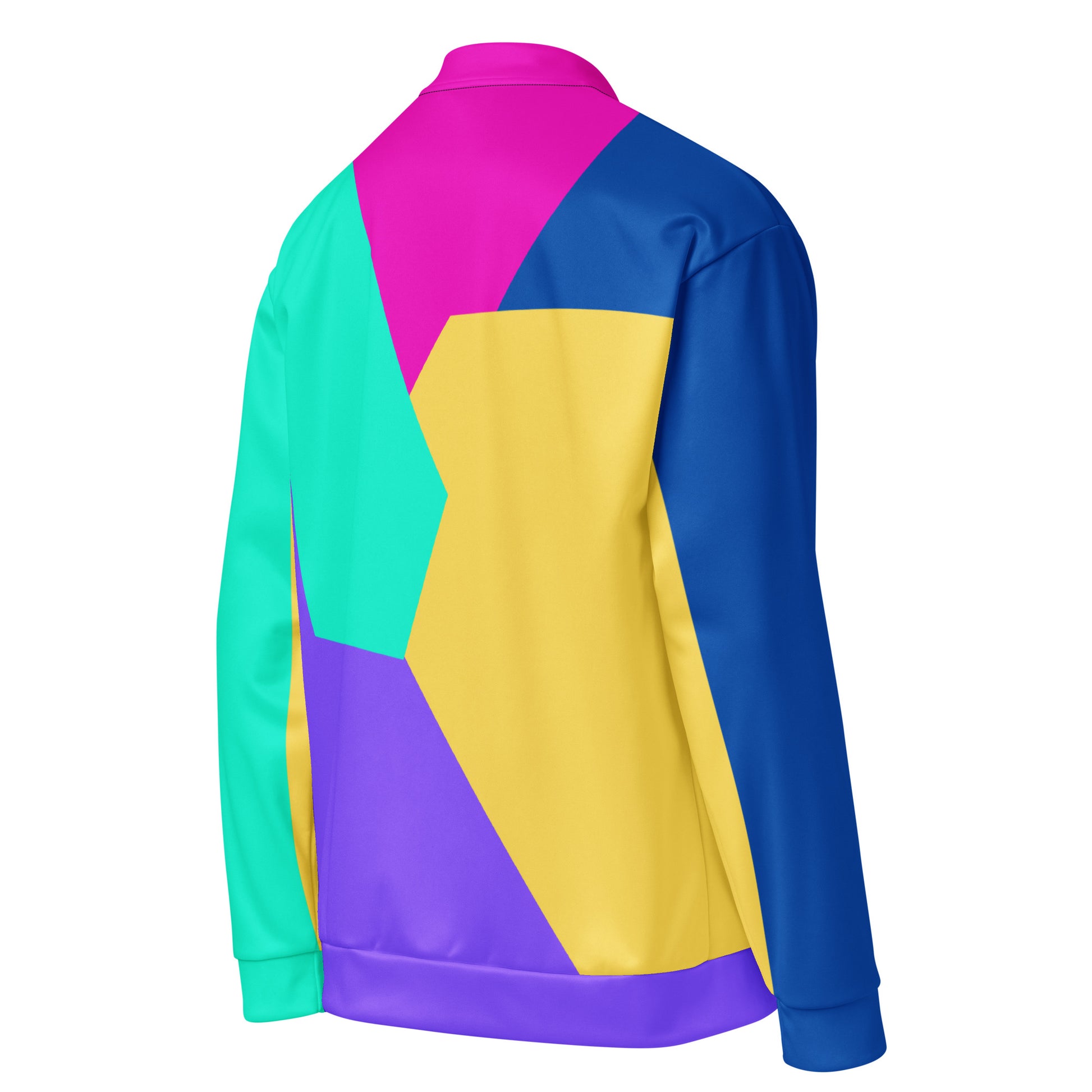 Unisex bomber jacket with Memphis style color block geometric design in bold 80s-inspired colors by Hipyfi Clothes & Design. right-back-5