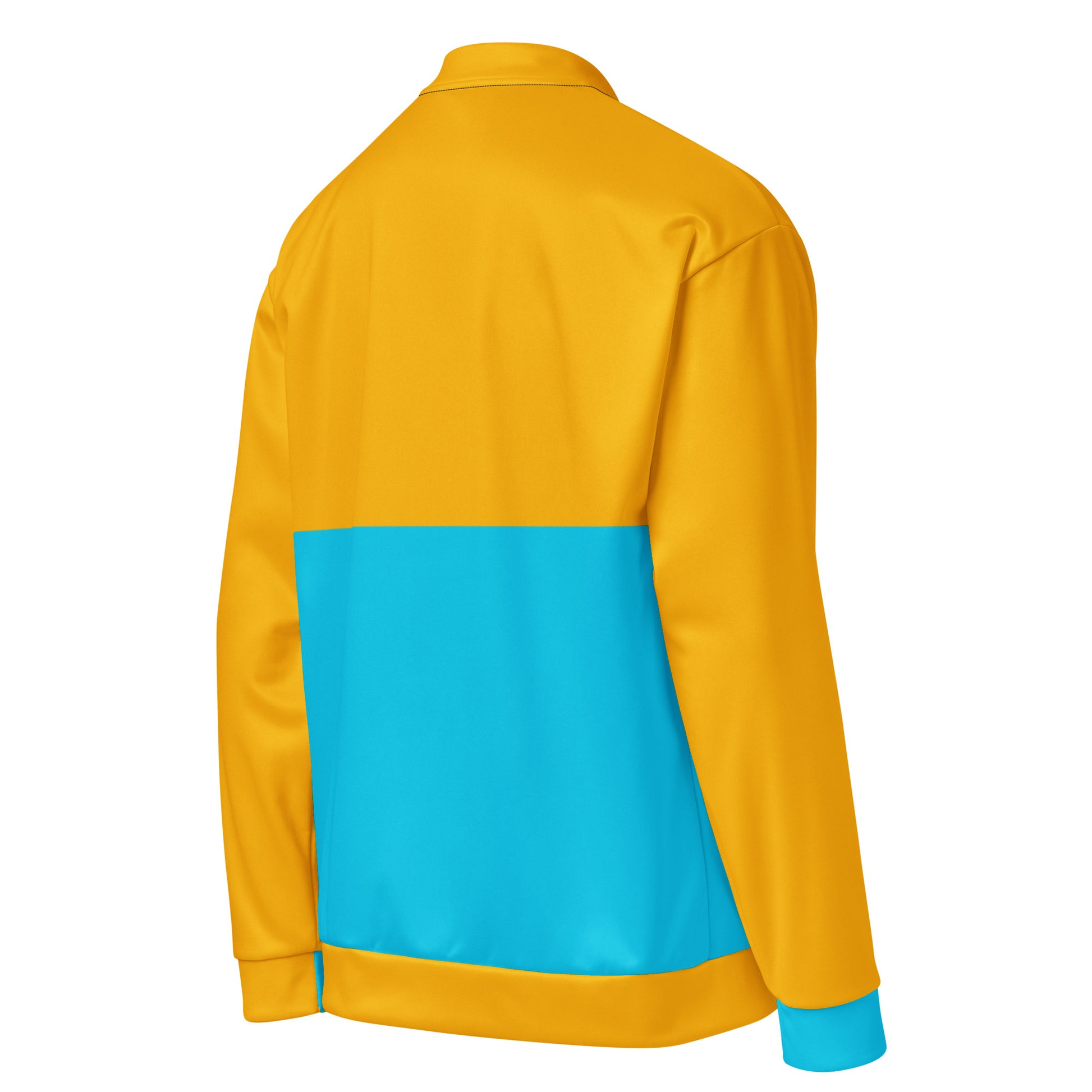Modern unisex color-block bomber jacket in mustard yellow and cyan blue by Hipyfi Clothes & Design. right-back-5