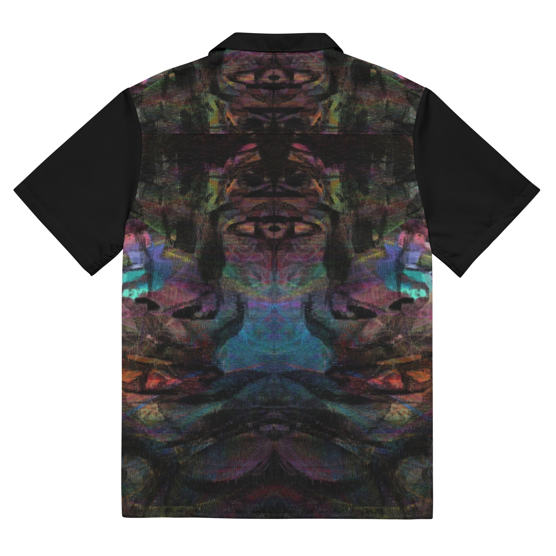 Hipyfi Colorful unisex button-up shirt with abstract and modern design in vibrant colors. Ideal for summer, with UPF50+ sun protection. back-7