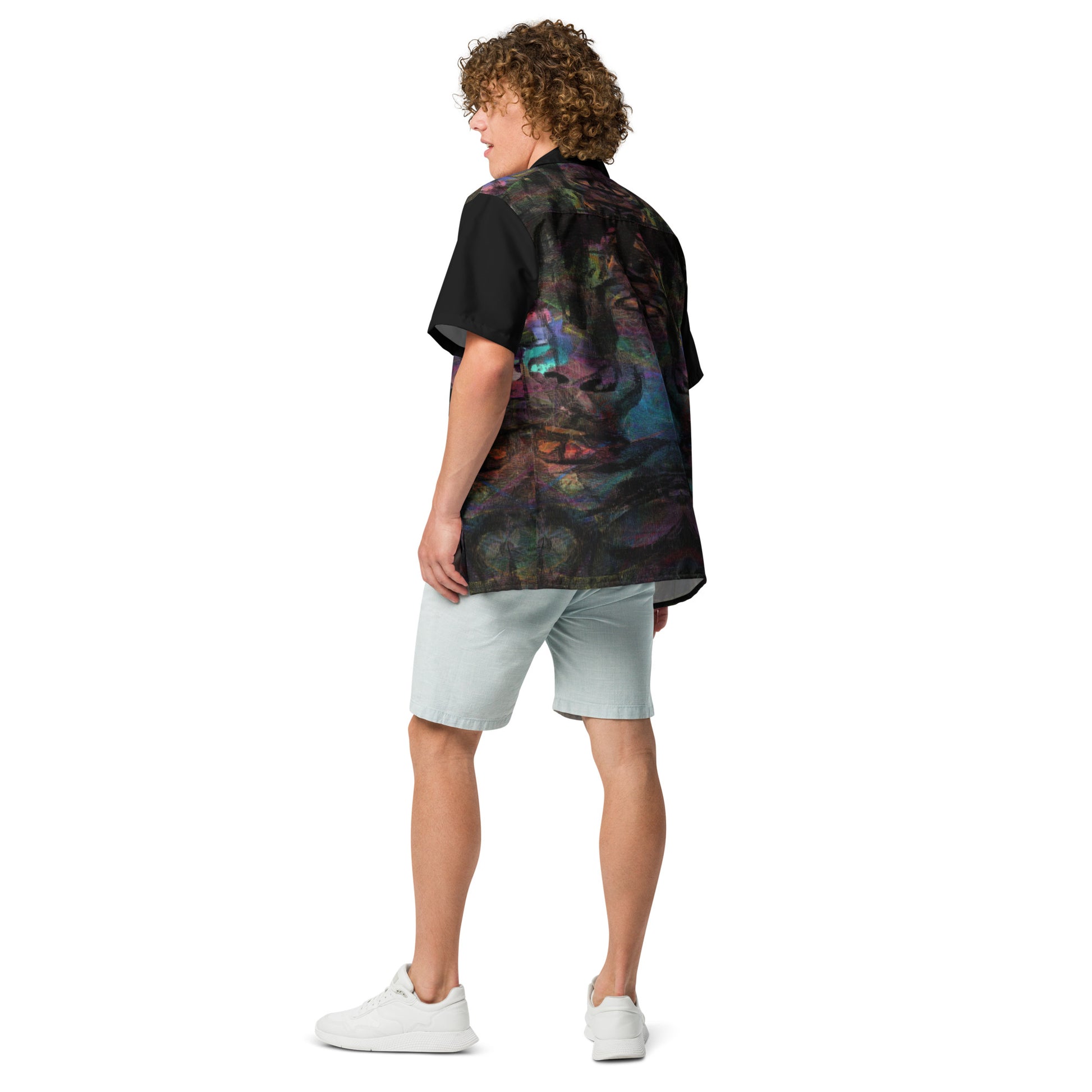 Hipyfi Colorful unisex button-up shirt with abstract and modern design in vibrant colors. Ideal for summer, with UPF50+ sun protection. back-4