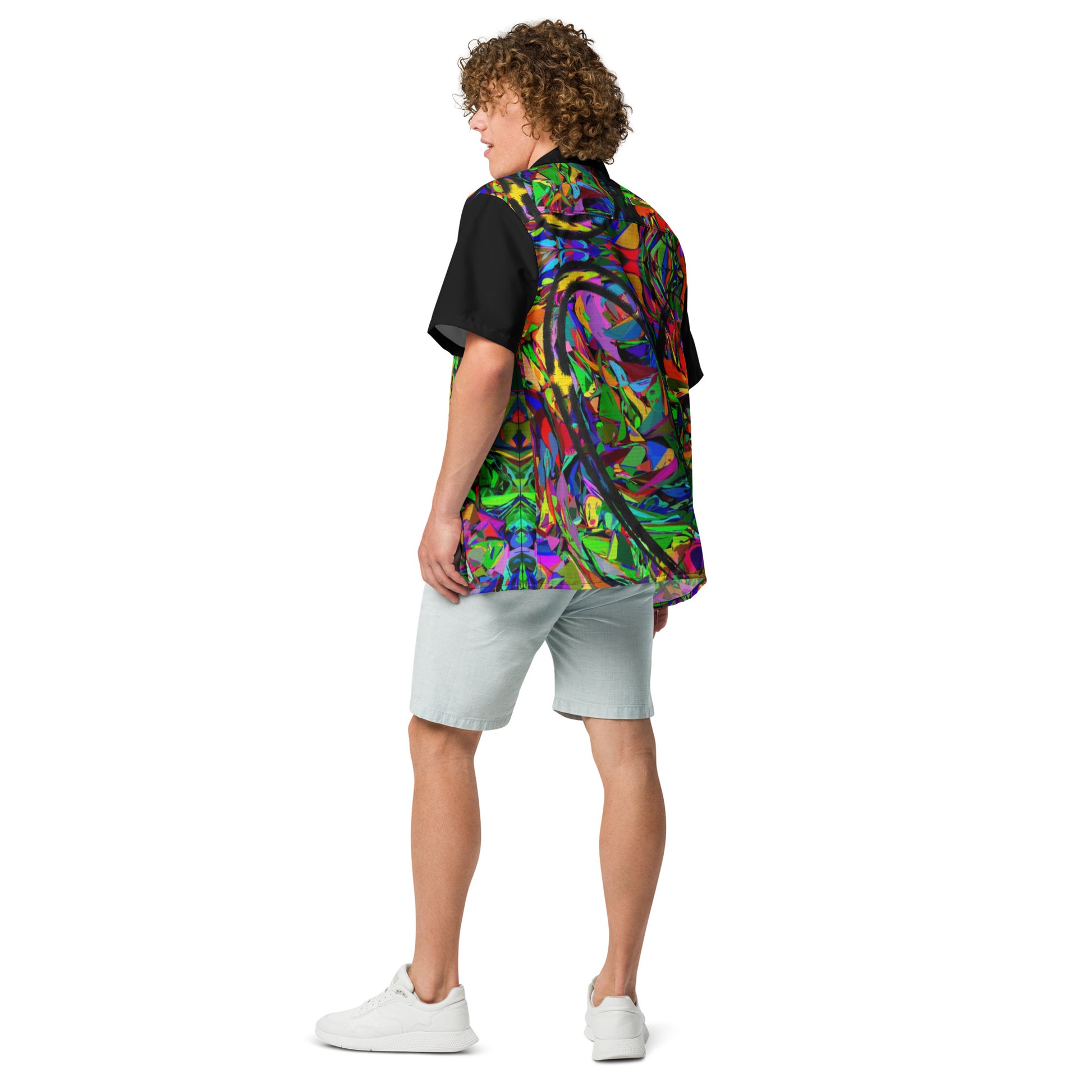 Unisex abstract neon print button-up shirt with vibrant street art design by Hipyfi Clothes & Design Back-5