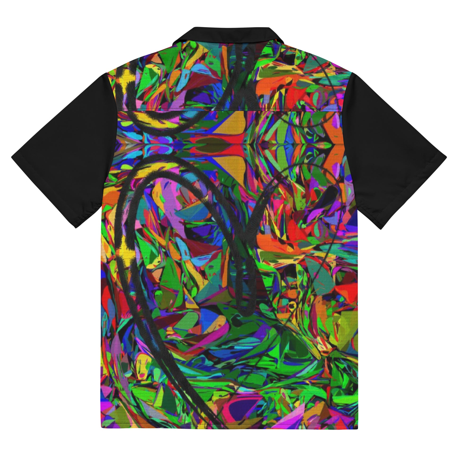 Unisex abstract neon print button-up shirt with vibrant street art design by Hipyfi Clothes & Design Back-7