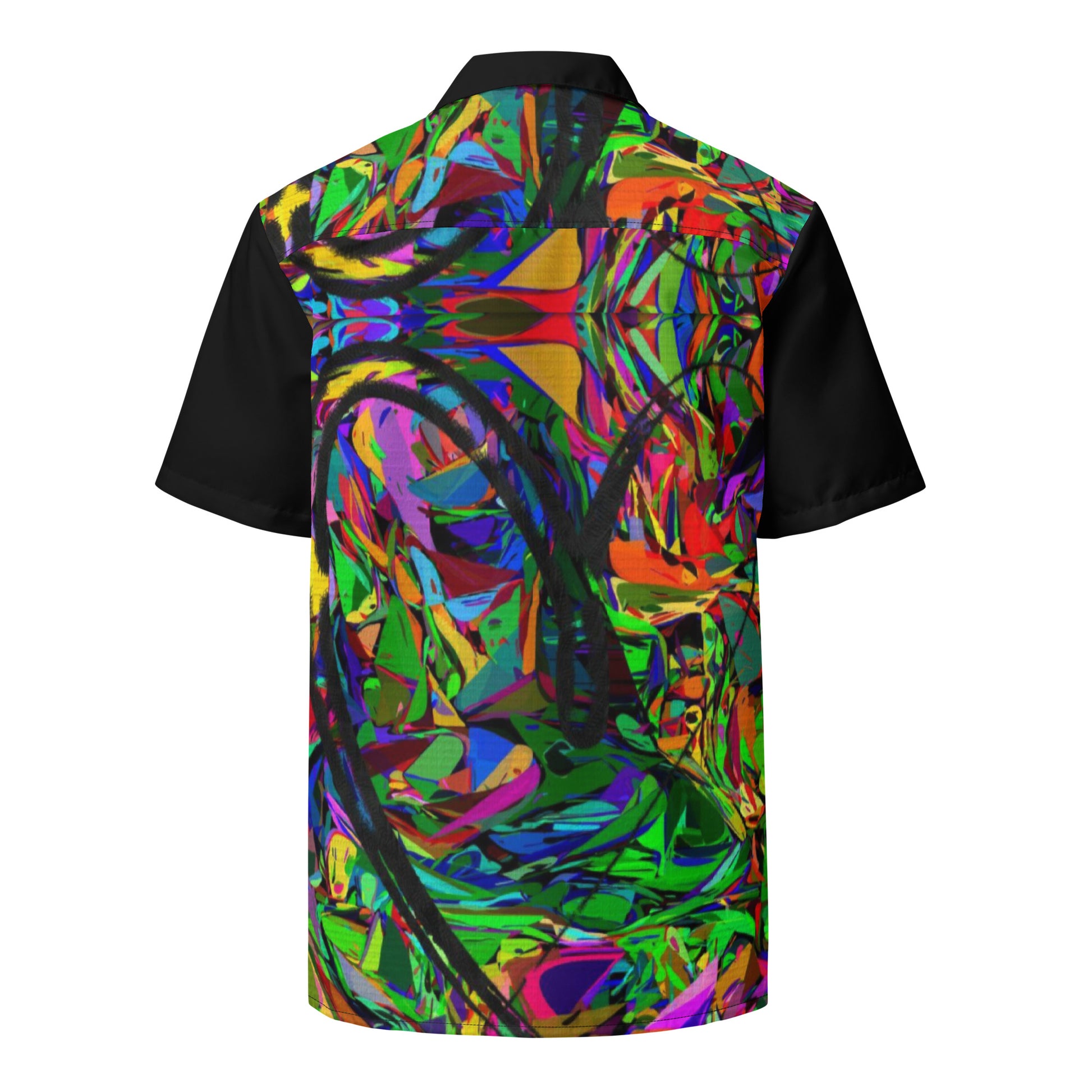 Unisex abstract neon print button-up shirt with vibrant street art design by Hipyfi Clothes & Design Back-6