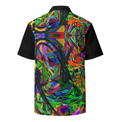 Unisex abstract neon print button-up shirt with vibrant street art design by Hipyfi Clothes & Design Back-6