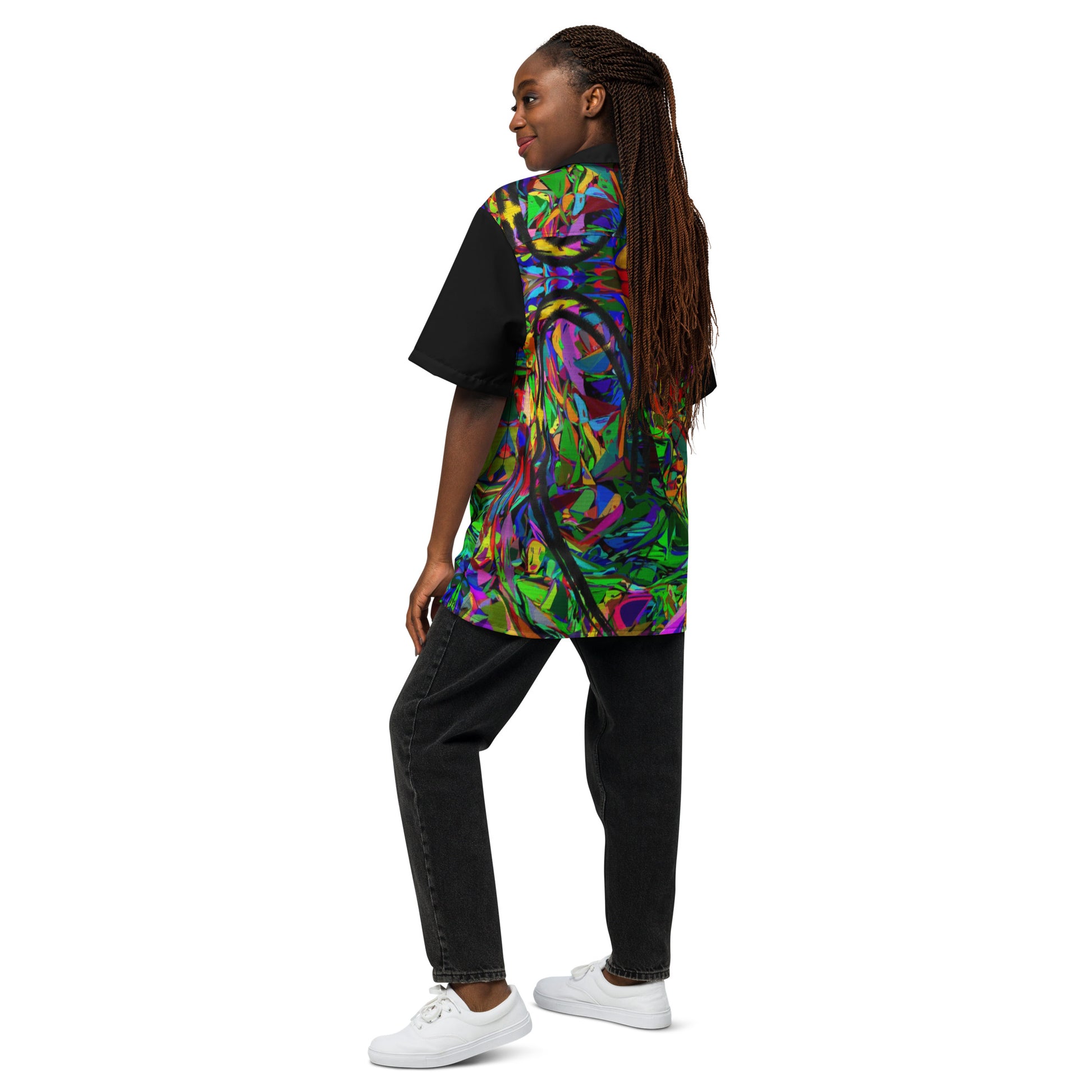 Unisex abstract neon print button-up shirt with vibrant street art design by Hipyfi Clothes & Design Back-8