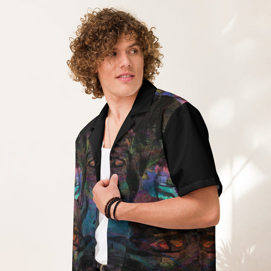 Hipyfi Colorful unisex button-up shirt with abstract and modern design in vibrant colors. Ideal for summer, with UPF50+ sun protection. front