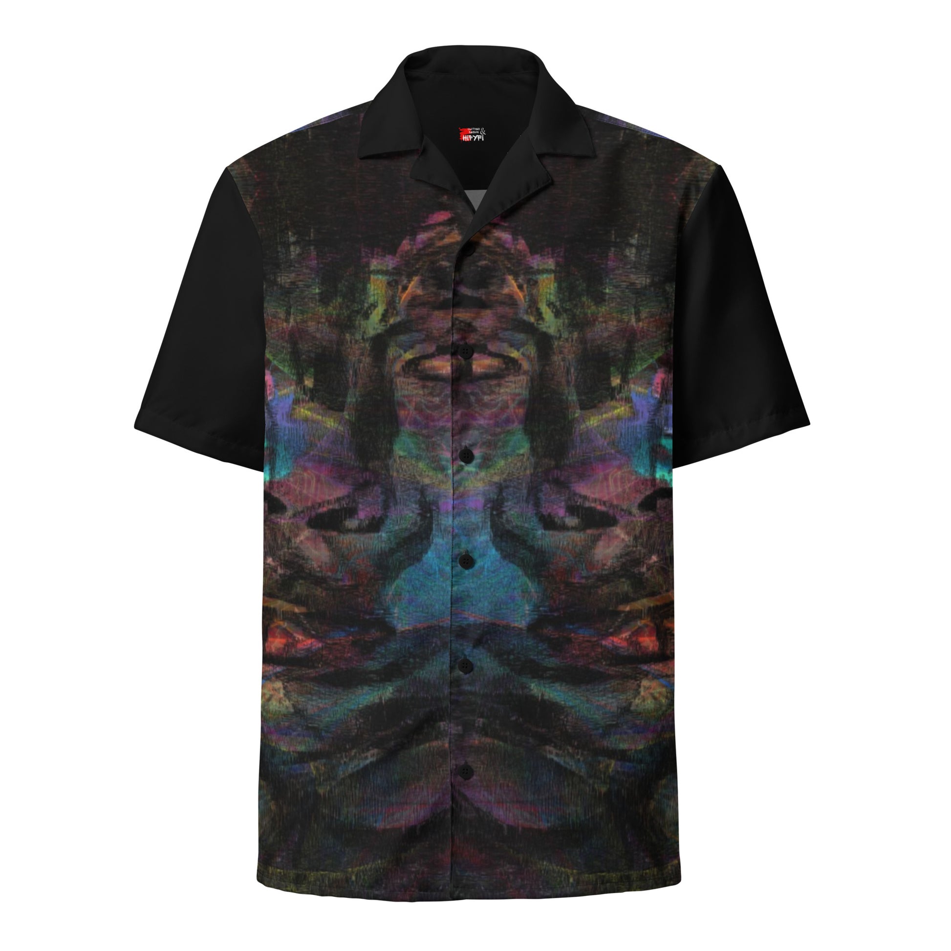 Hipyfi Colorful unisex button-up shirt with abstract and modern design in vibrant colors. Ideal for summer, with UPF50+ sun protection. front-6