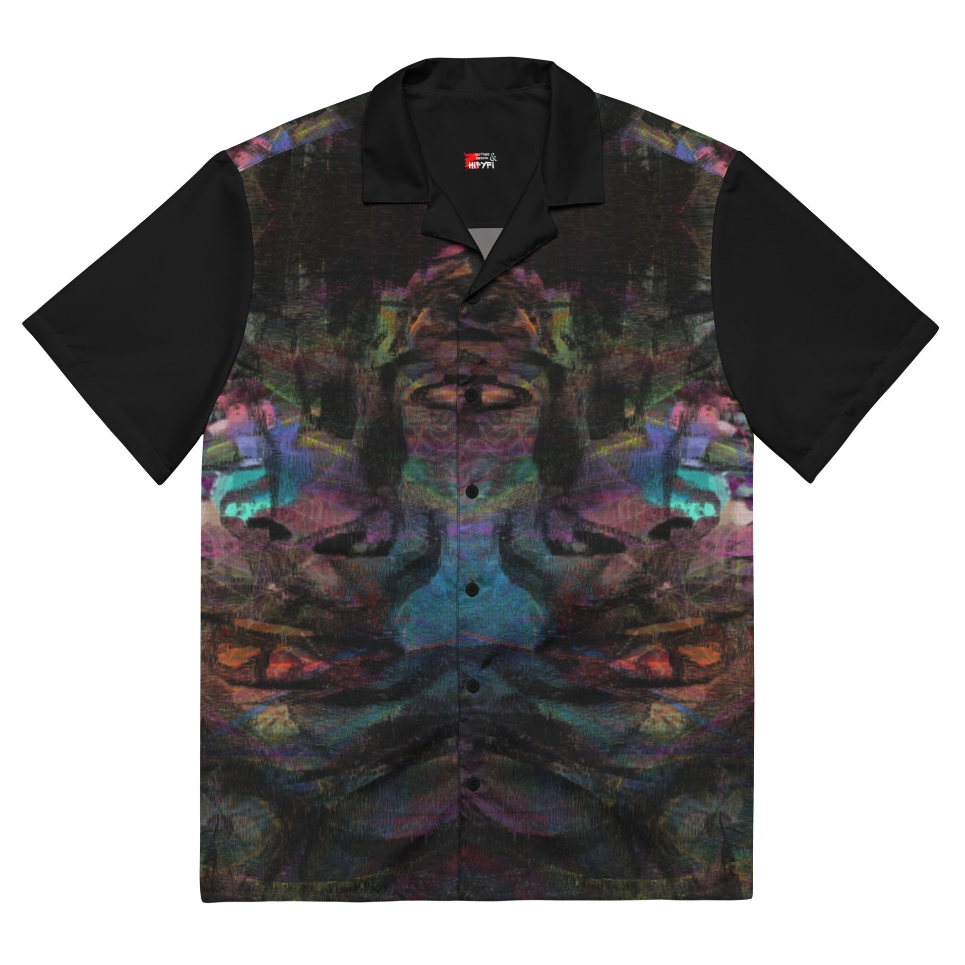 Hipyfi Colorful unisex button-up shirt with abstract and modern design in vibrant colors. Ideal for summer, with UPF50+ sun protection. front-7