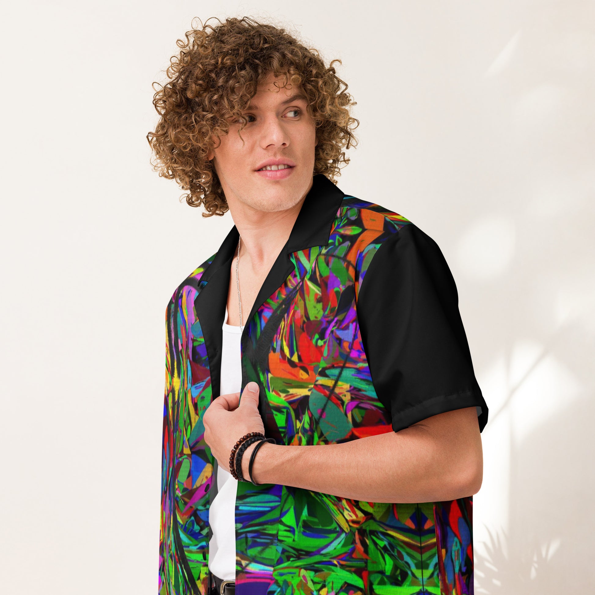 Unisex abstract neon print button-up shirt with vibrant street art design by Hipyfi Clothes & Design Front-5