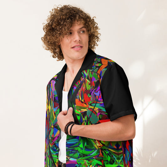 Unisex abstract neon print button-up shirt with vibrant street art design by Hipyfi Clothes & Design Front-5