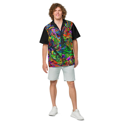 Unisex abstract neon print button-up shirt with vibrant street art design by Hipyfi Clothes & Design Front