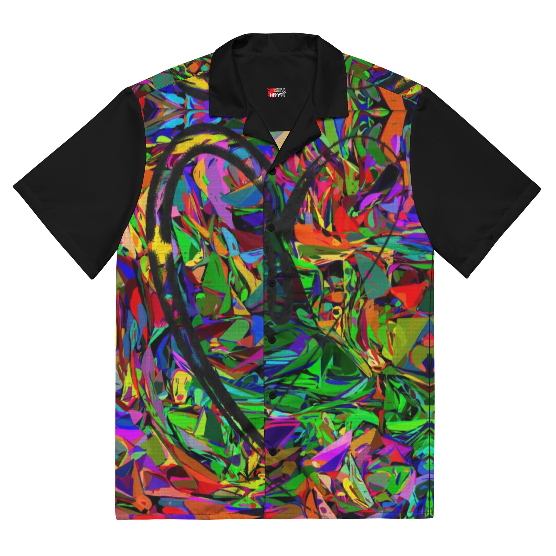 Unisex abstract neon print button-up shirt with vibrant street art design by Hipyfi Clothes & Design Front-7