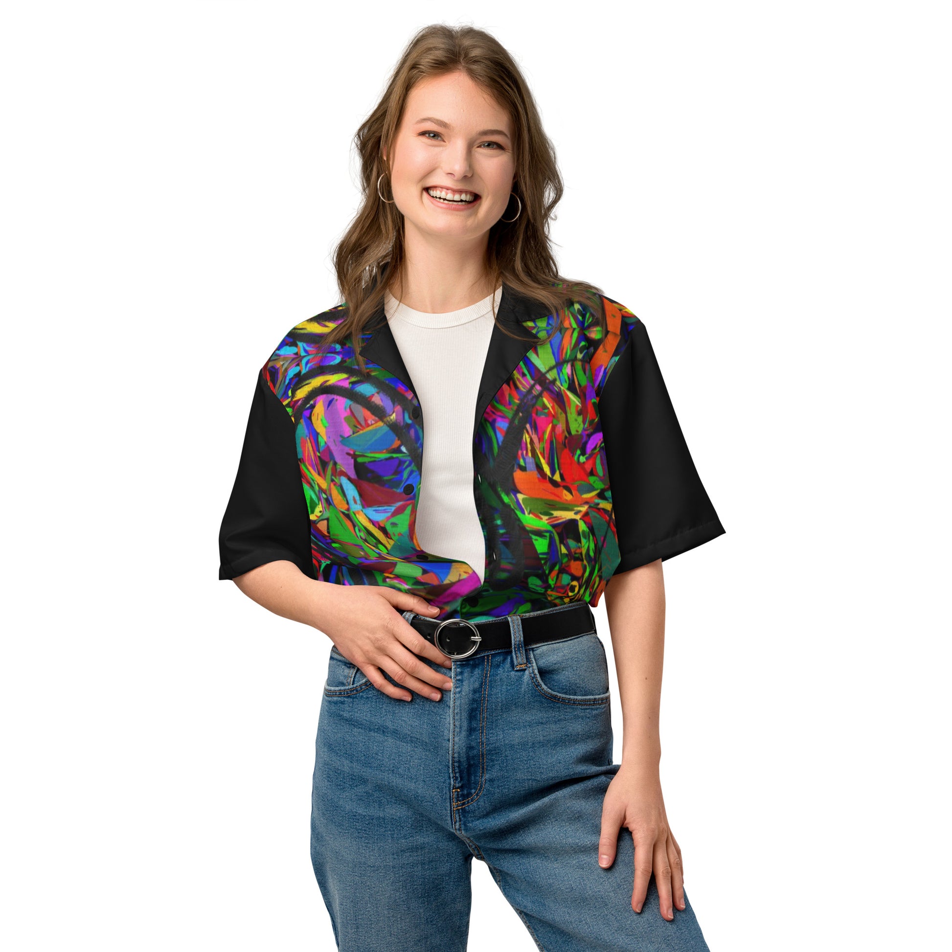 Unisex abstract neon print button-up shirt with vibrant street art design by Hipyfi Clothes & Design Front-4