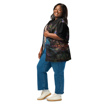 Hipyfi Colorful unisex button-up shirt with abstract and modern design in vibrant colors. Ideal for summer, with UPF50+ sun protection. left