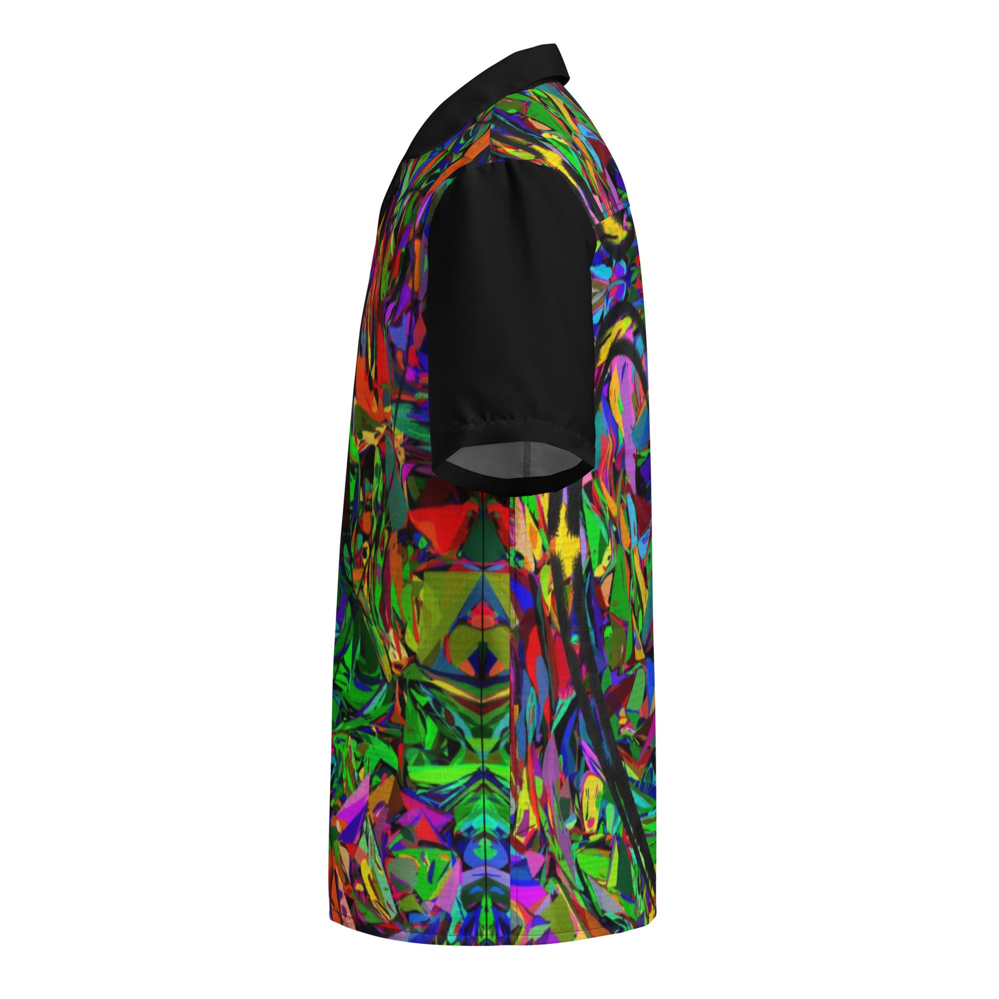 Unisex abstract neon print button-up shirt with vibrant street art design by Hipyfi Clothes & Design Left-6