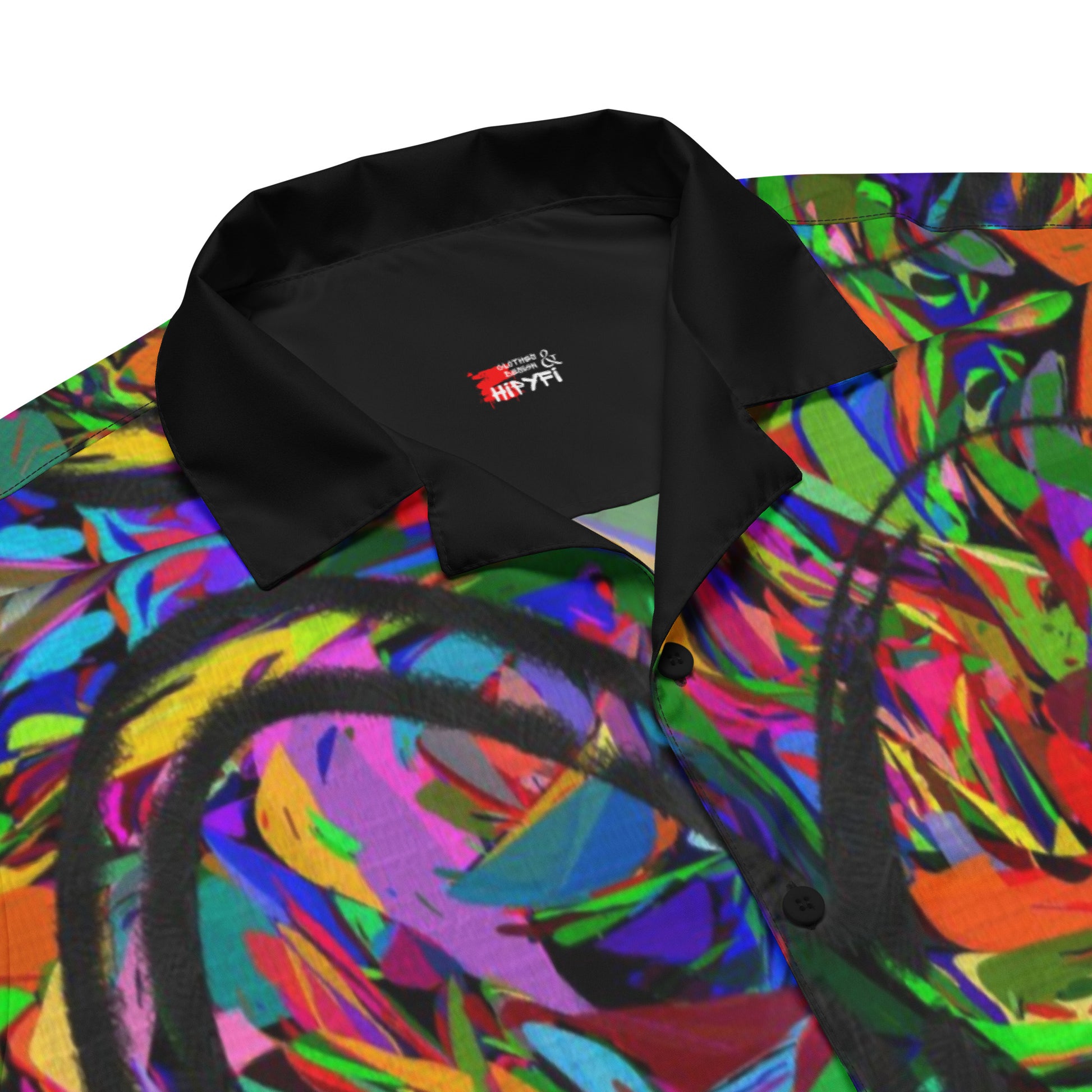 Unisex abstract neon print button-up shirt with vibrant street art design by Hipyfi Clothes & Design product-details