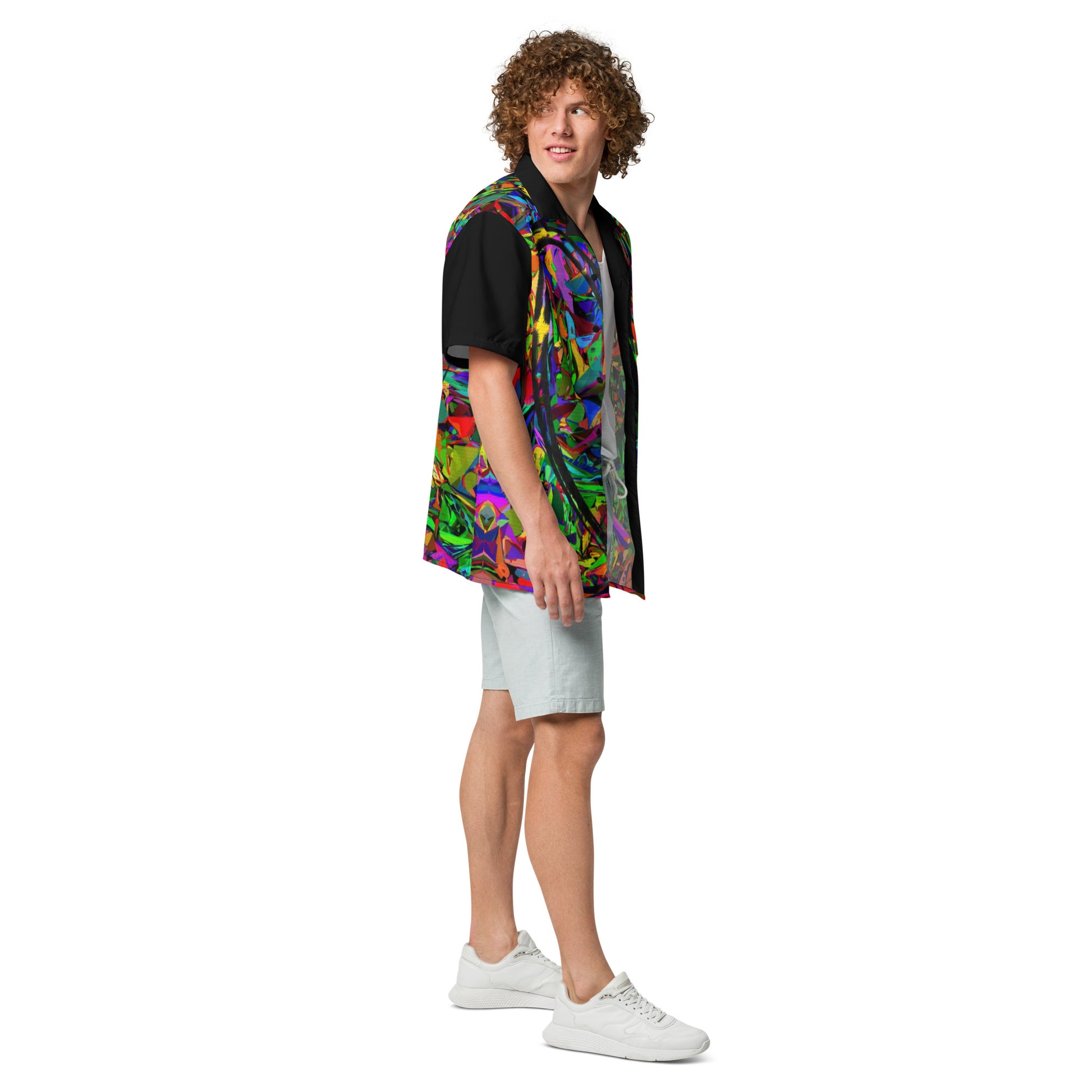 Unisex abstract neon print button-up shirt with vibrant street art design by Hipyfi Clothes & Design Right-5