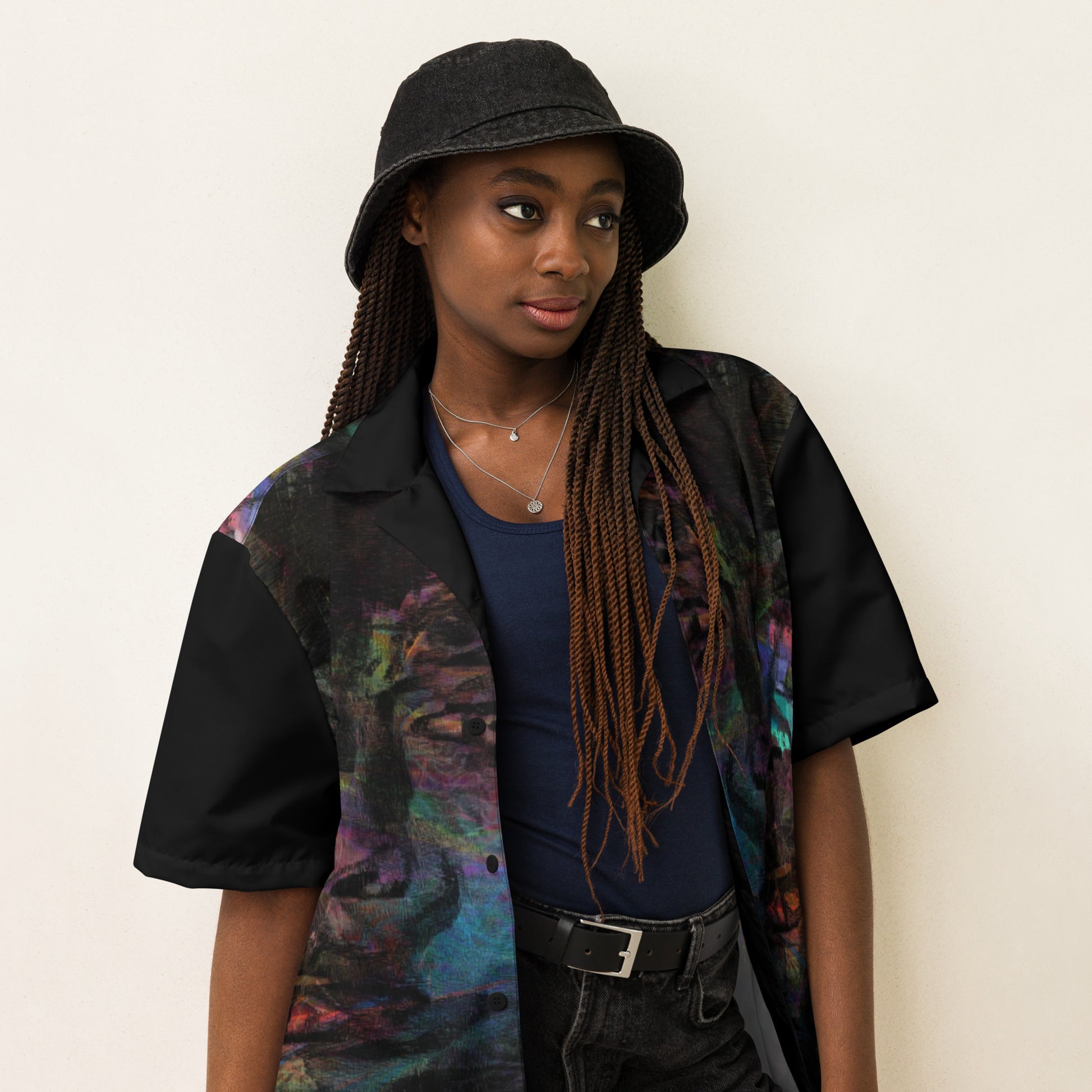 Hipyfi Colorful unisex button-up shirt with abstract and modern design in vibrant colors. Ideal for summer, with UPF50+ sun protection. right-front