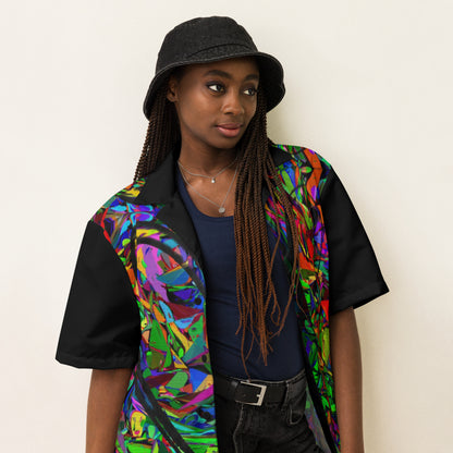 Unisex abstract neon print button-up shirt with vibrant street art design by Hipyfi Clothes & Design Right-Front-3