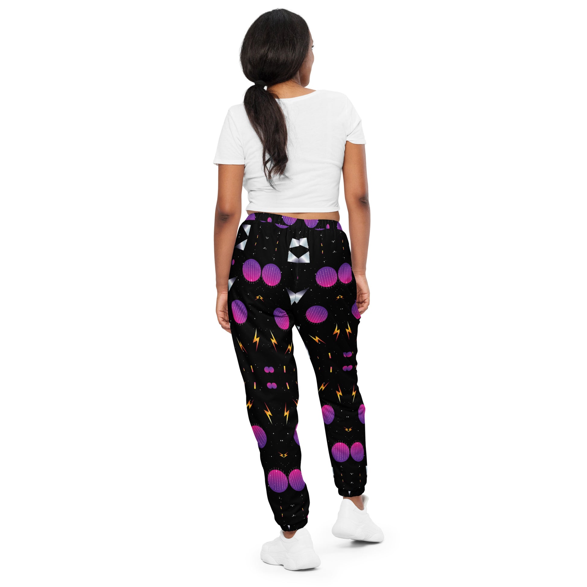 Hipyfi Synthwave Unisex Track Pants with retro geometric neon 80s design – streetwear joggers for men and women.  back