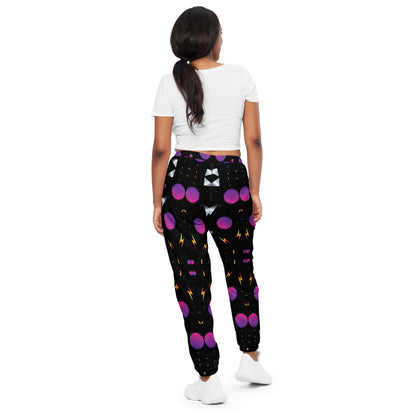 Hipyfi Synthwave Unisex Track Pants with retro geometric neon 80s design – streetwear joggers for men and women.  back