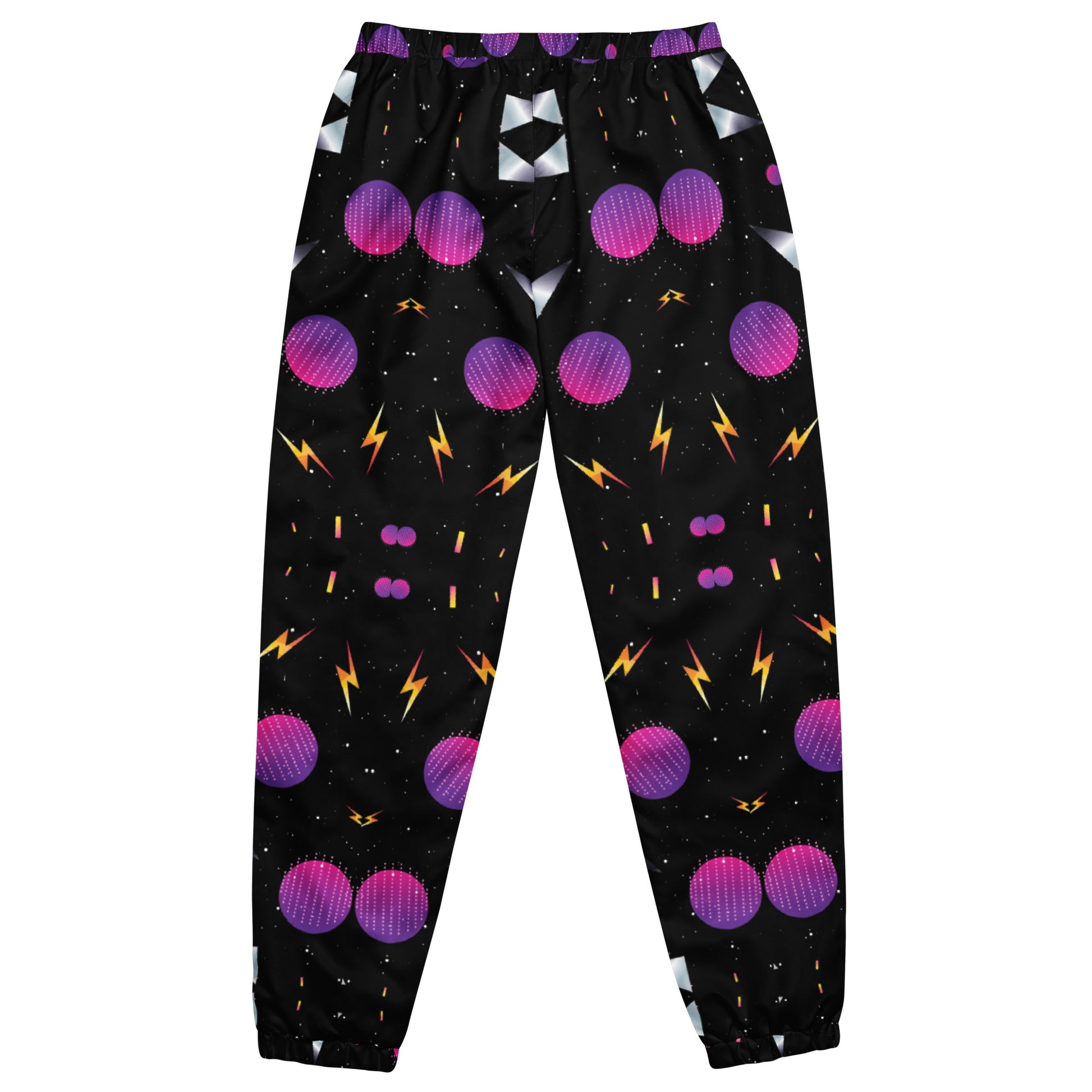Hipyfi Synthwave Unisex Track Pants with retro geometric neon 80s design – streetwear joggers for men and women.  back-6