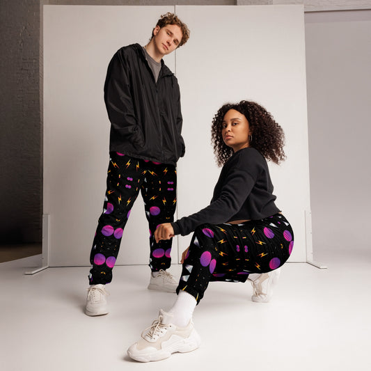 Hipyfi Synthwave Unisex Track Pants with retro geometric neon 80s design – streetwear joggers for men and women.  front