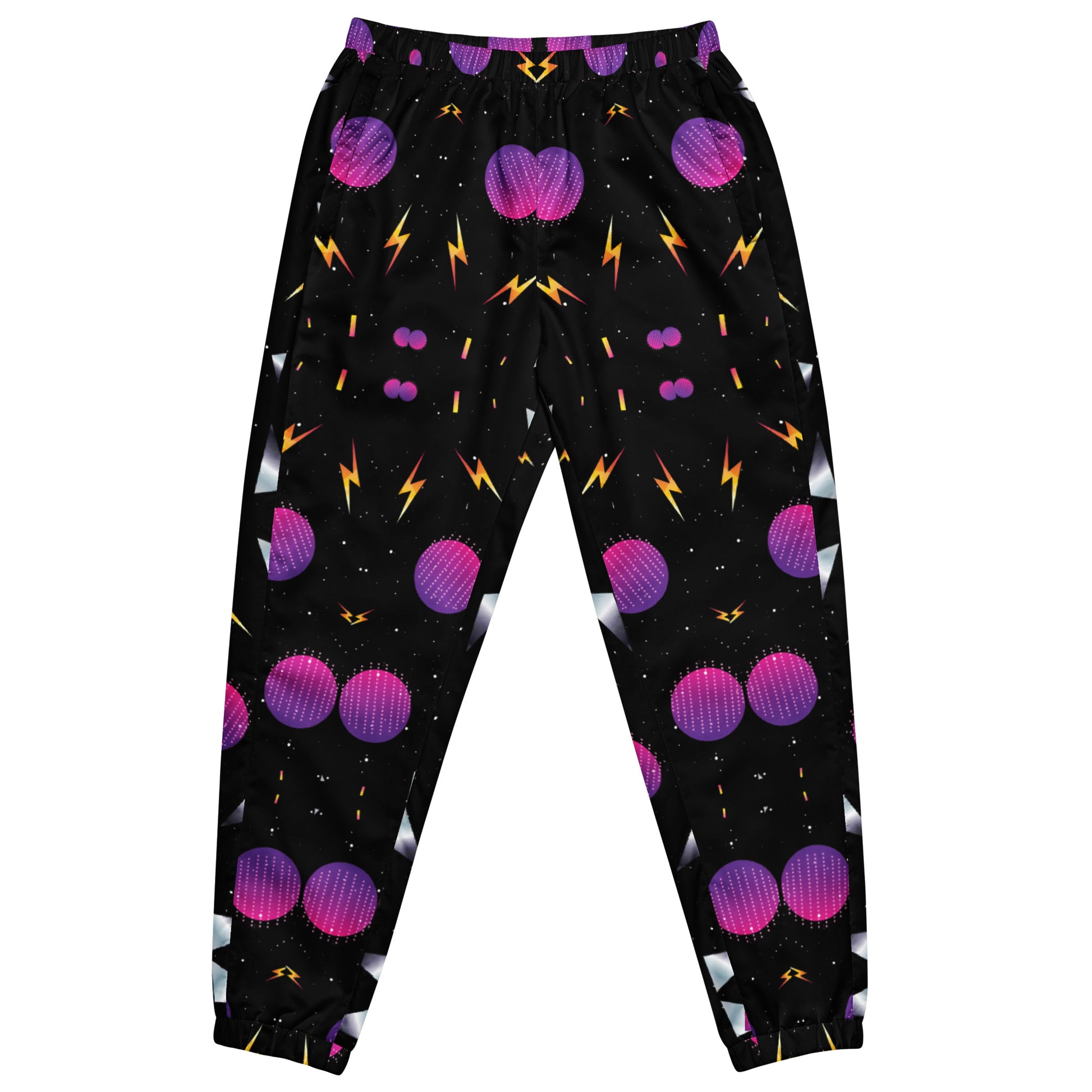 Hipyfi Synthwave Unisex Track Pants with retro geometric neon 80s design – streetwear joggers for men and women.  front-6