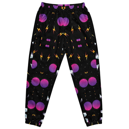 Hipyfi Synthwave Unisex Track Pants with retro geometric neon 80s design – streetwear joggers for men and women.  front-6