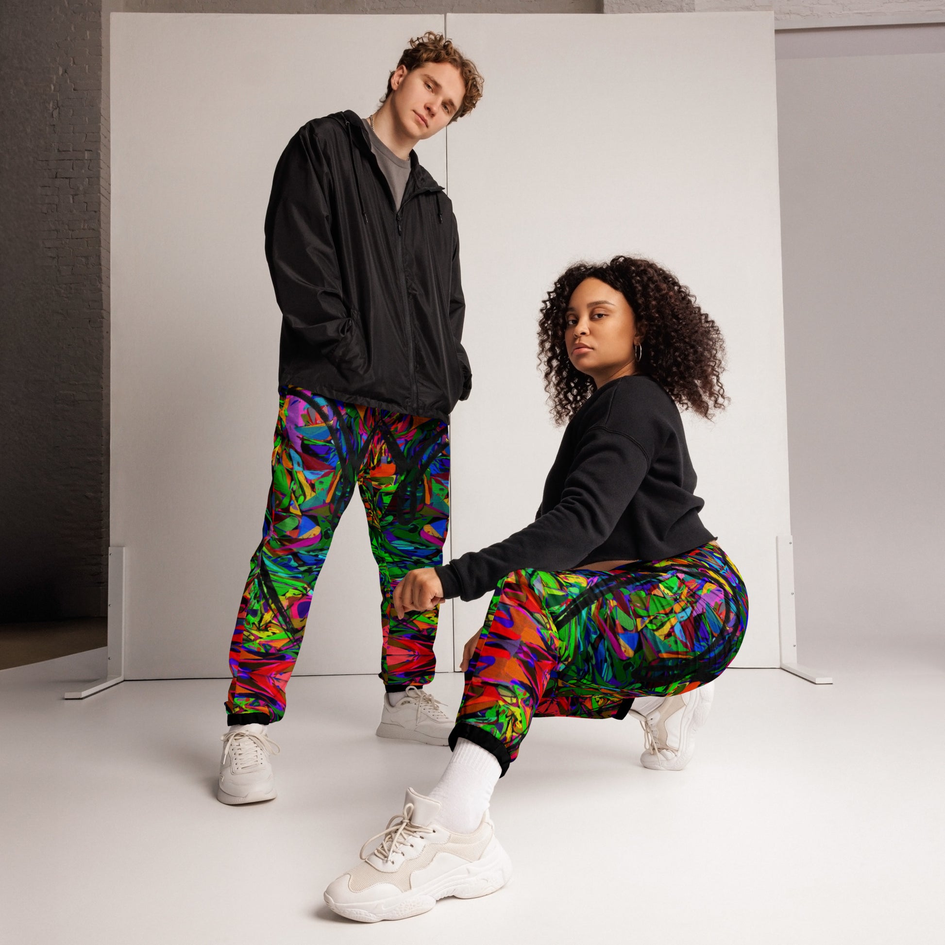 Neon Mythos Unisex Track Pants with abstract street art print – colorful modern joggers by Hipyfi Clothes & Design Front
