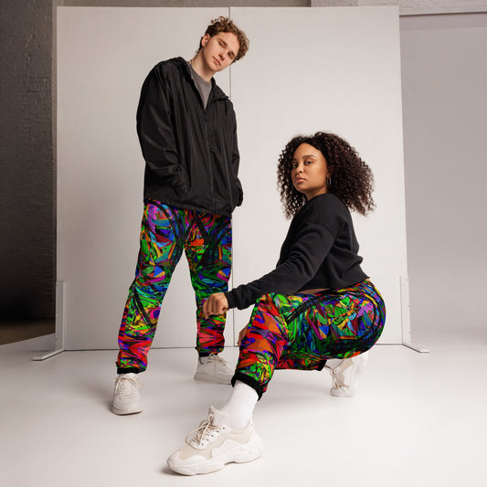 Neon Mythos Unisex Track Pants with abstract street art print – colorful modern joggers by Hipyfi Clothes & Design Front