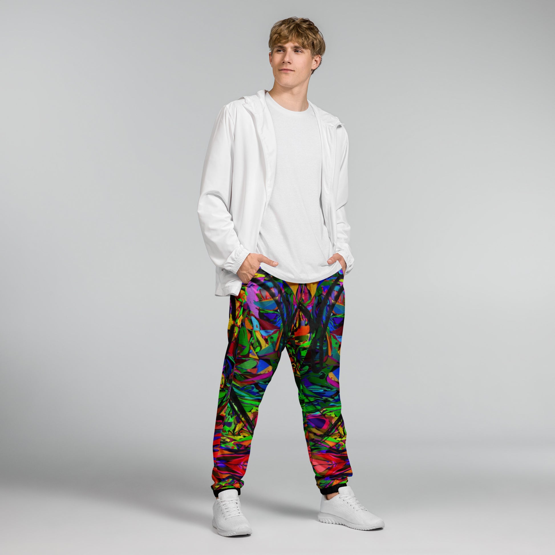 Neon Mythos Unisex Track Pants with abstract street art print – colorful modern joggers by Hipyfi Clothes & Design Front-2