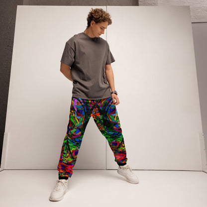 Neon Mythos Unisex Track Pants with abstract street art print – colorful modern joggers by Hipyfi Clothes & Design Front-3