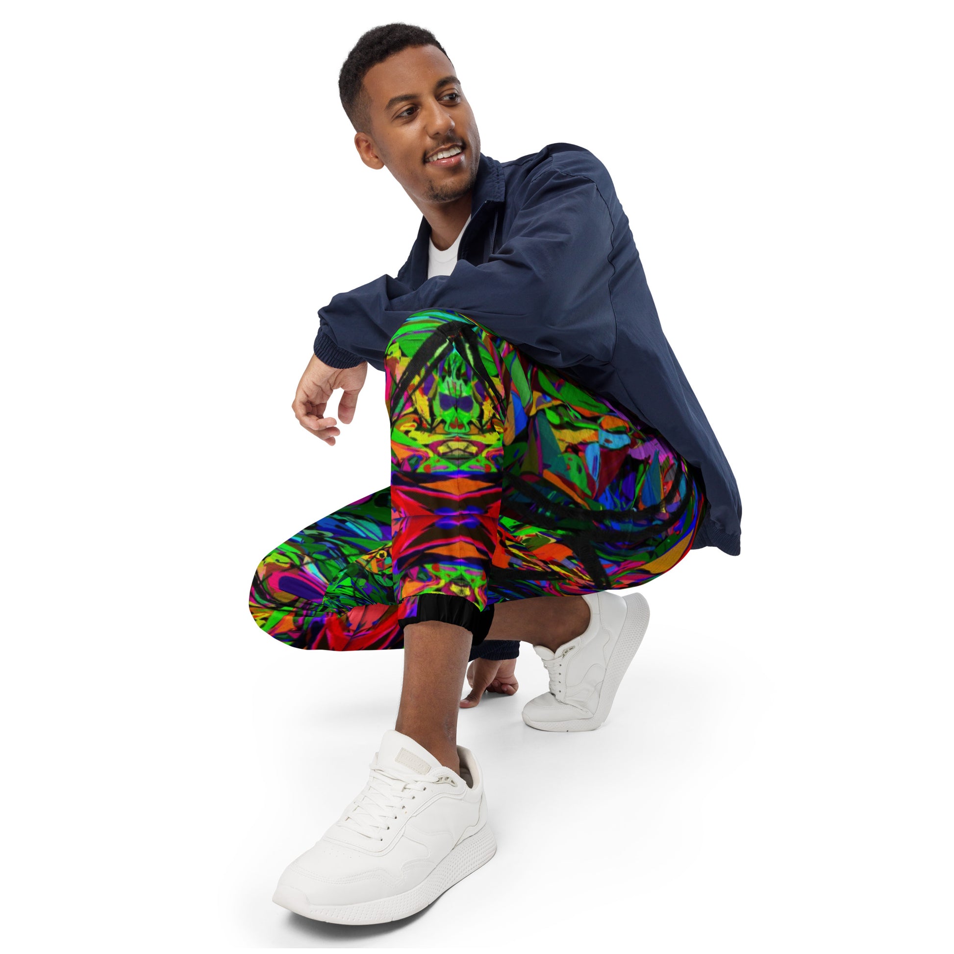 Neon Mythos Unisex Track Pants with abstract street art print – colorful modern joggers by Hipyfi Clothes & Design Front-4