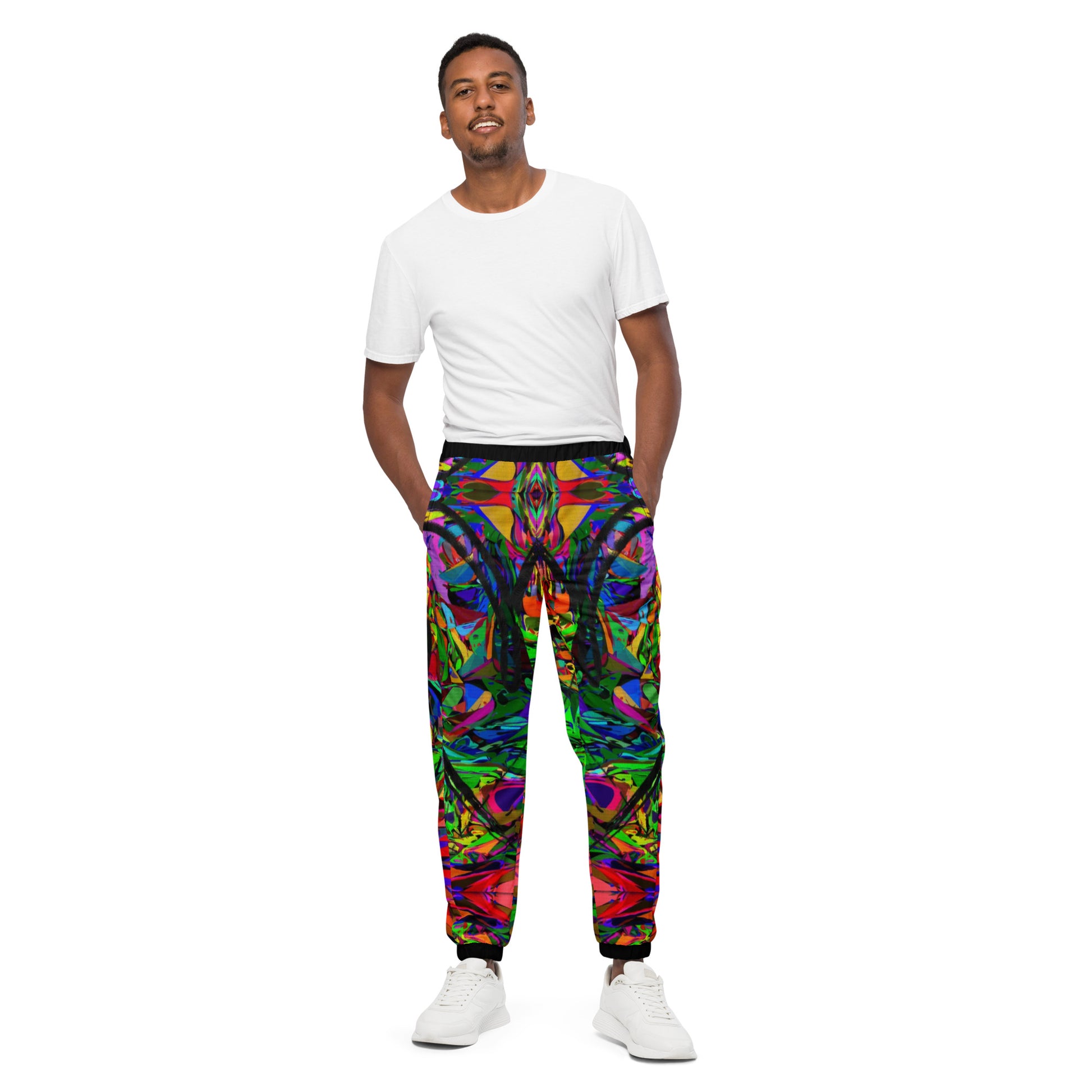Neon Mythos Unisex Track Pants with abstract street art print – colorful modern joggers by Hipyfi Clothes & Design Front-6