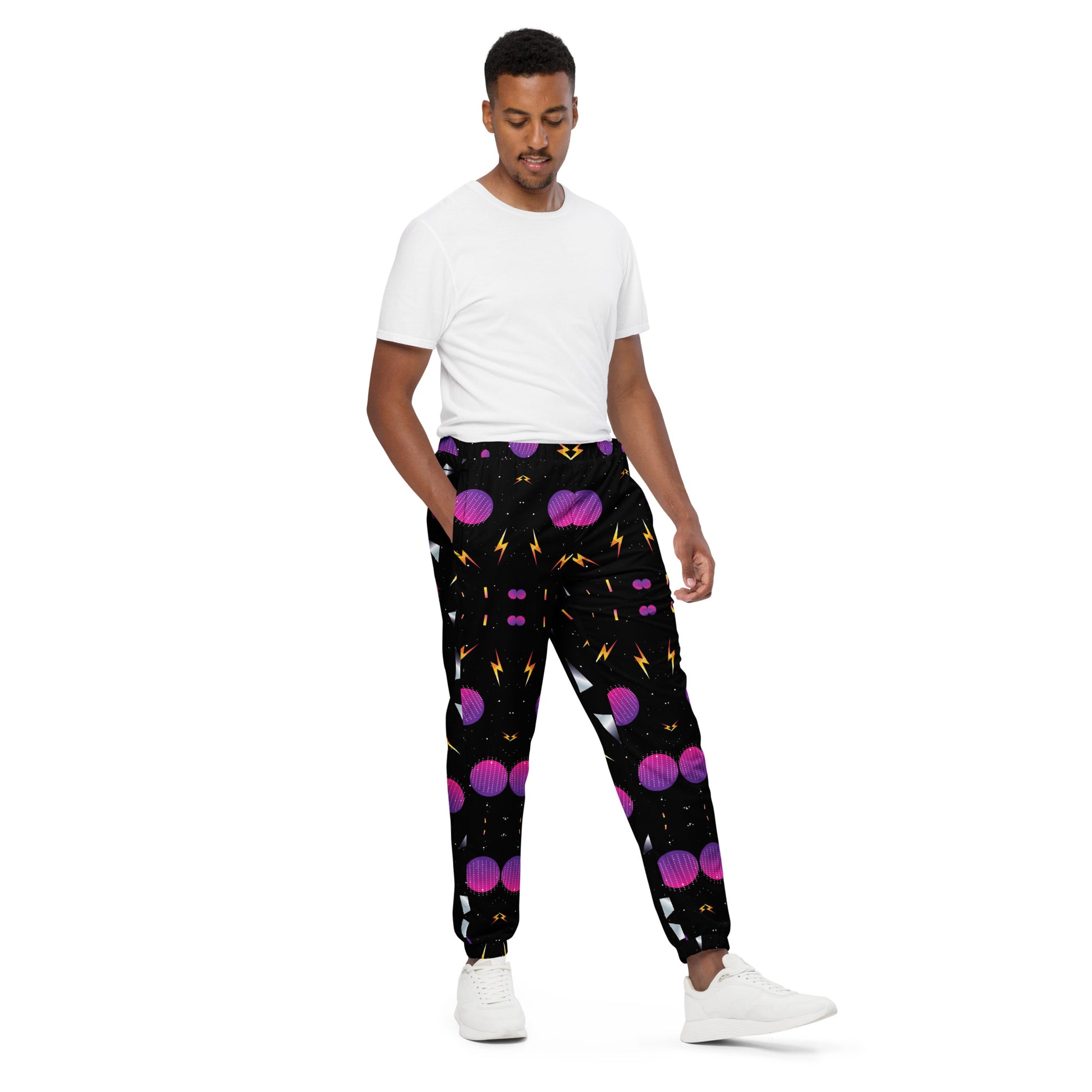 Hipyfi Synthwave Unisex Track Pants with retro geometric neon 80s design – streetwear joggers for men and women.  right-front