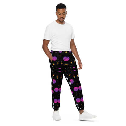 Hipyfi Synthwave Unisex Track Pants with retro geometric neon 80s design – streetwear joggers for men and women.  right-front