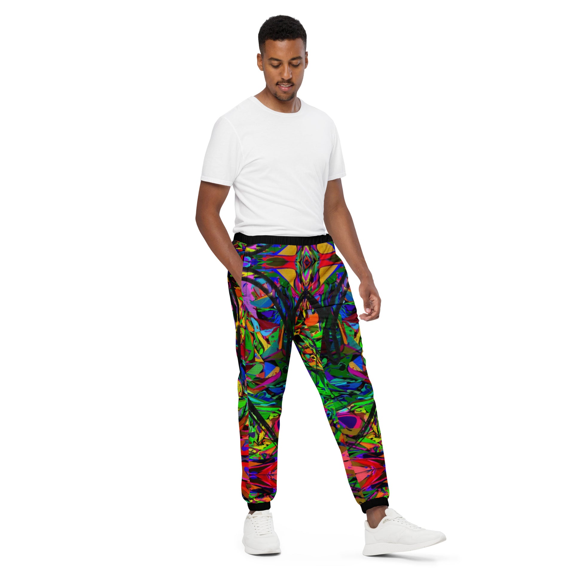 Neon Mythos Unisex Track Pants with abstract street art print – colorful modern joggers by Hipyfi Clothes & Design Right-Front-6