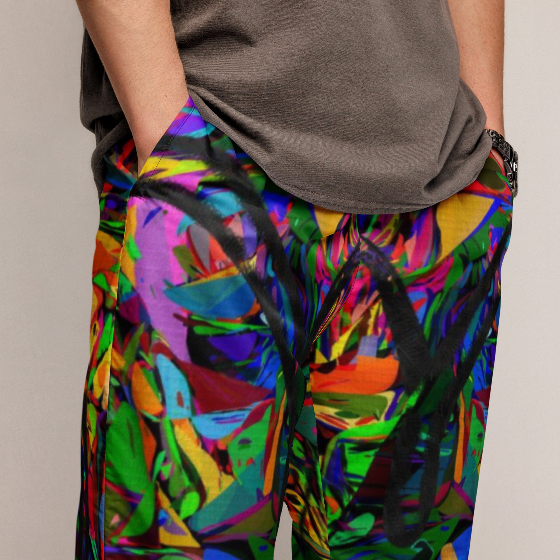 Neon Mythos Unisex Track Pants with abstract street art print – colorful modern joggers by Hipyfi Clothes & Design Front zoomed-in