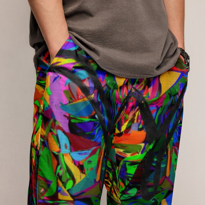Neon Mythos Unisex Track Pants with abstract street art print – colorful modern joggers by Hipyfi Clothes & Design Front zoomed-in