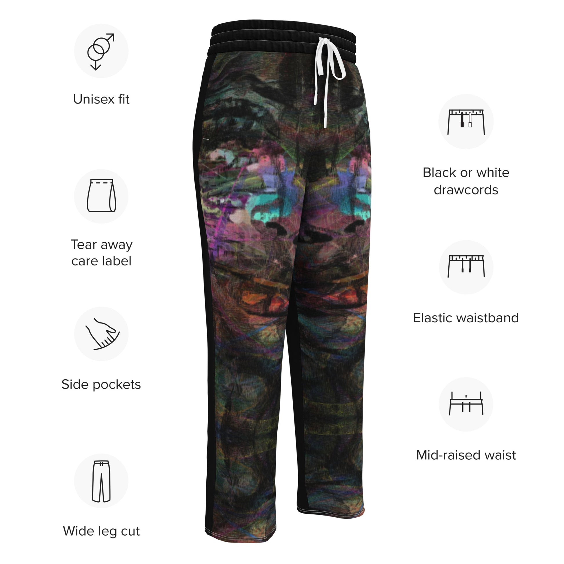 Chromatic Dreams unisex recycled wide-leg joggers with vibrant abstract art print – Hipyfi streetwear Product-info