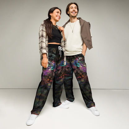 Chromatic Dreams unisex recycled wide-leg joggers with vibrant abstract art print – Hipyfi streetwear Front