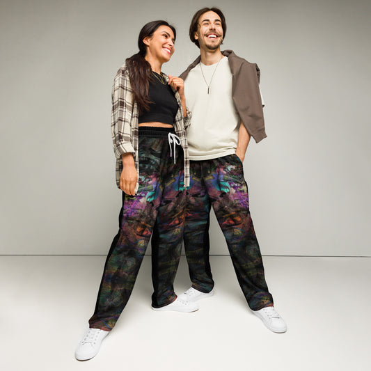 Chromatic Dreams unisex recycled wide-leg joggers with vibrant abstract art print – Hipyfi streetwear Front