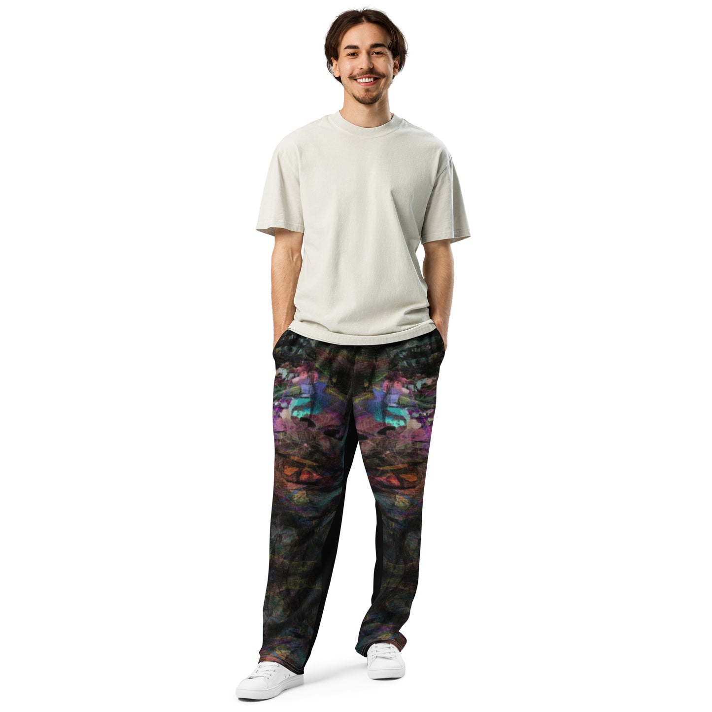 Chromatic Dreams unisex recycled wide-leg joggers with vibrant abstract art print – Hipyfi streetwear Front-2