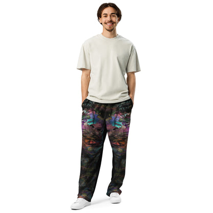 Chromatic Dreams unisex recycled wide-leg joggers with vibrant abstract art print – Hipyfi streetwear Front-2