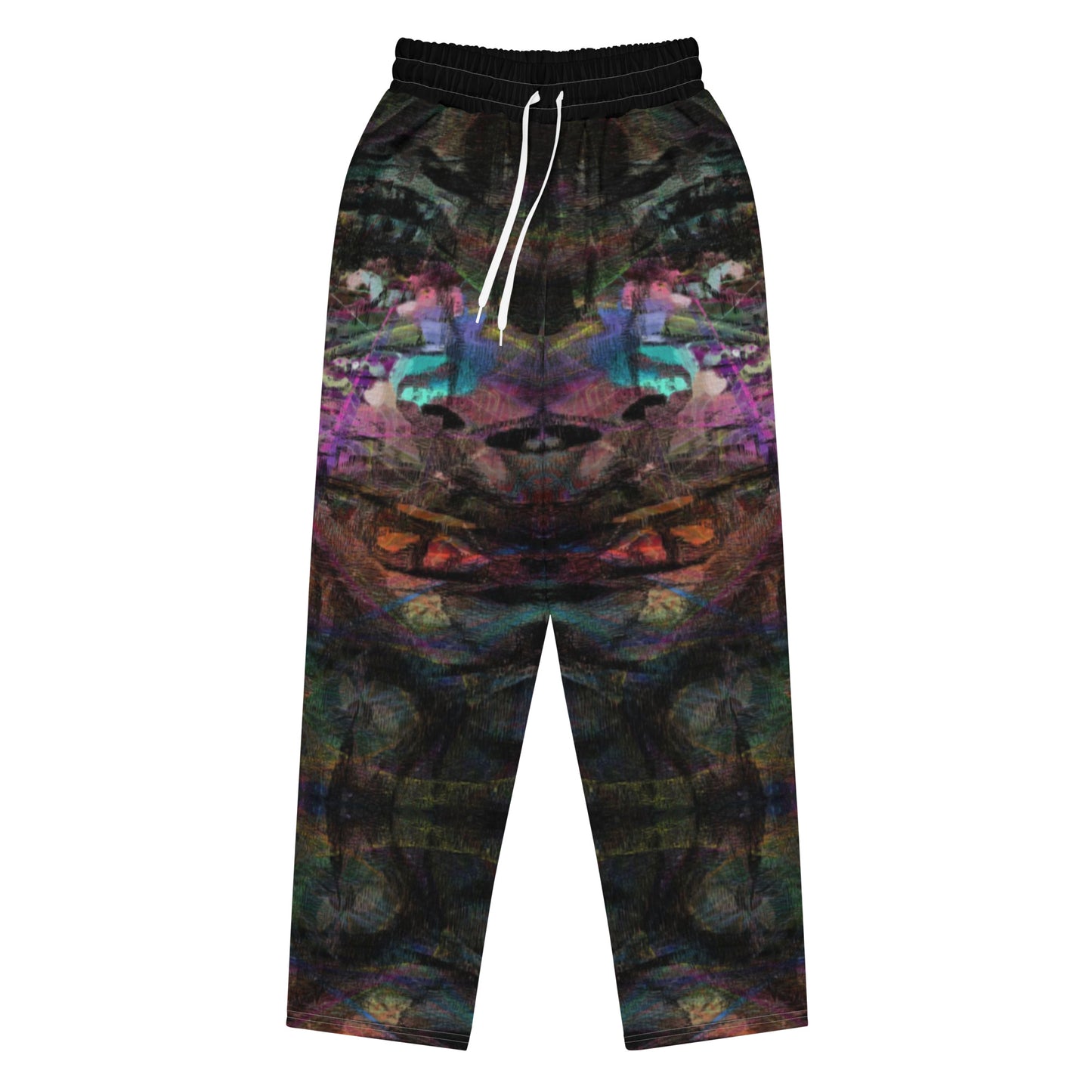 Chromatic Dreams unisex recycled wide-leg joggers with vibrant abstract art print – Hipyfi streetwear Front-4